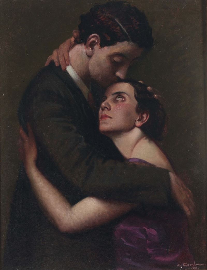 Angelo Mambriani (1877 - 1969) Il bacio  - Asta Dipinti del XIX e XX secolo - Cambi Casa d'Aste