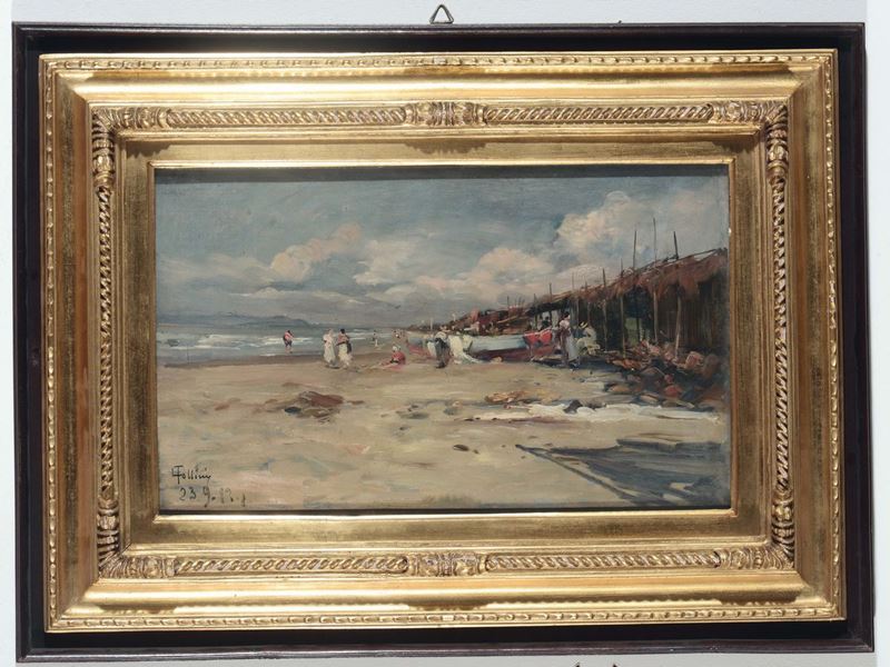 Carlo Follini (1848 - 1938) Spiaggia  - Auction 19th and 20th Century Paintings - Cambi Casa d'Aste
