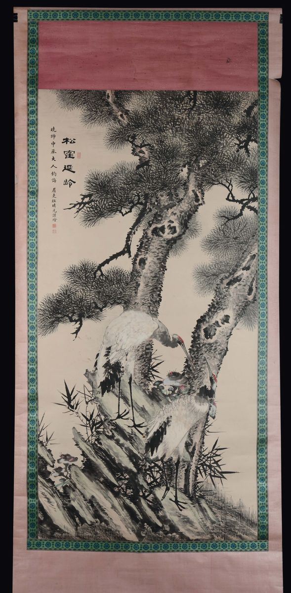 Grande dipinto su carta con aironi e piccola iscrizione, Cina, Dinastia Qing, XIX secolo