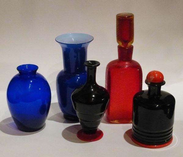 Lotto di vasi e bottiglie in vetro di Murano