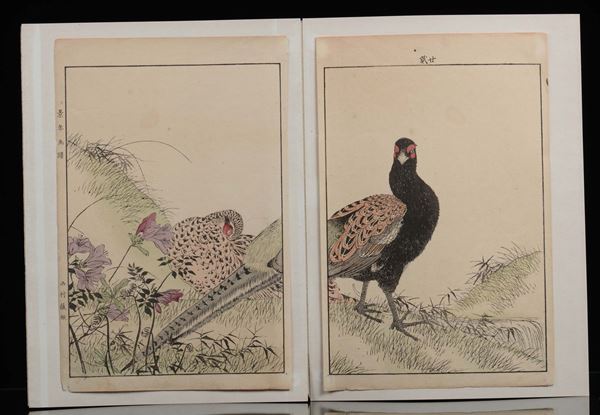 Lotto composto da quattro dipinti su carta raffiguranti pavoni, Cina, inizio XX secolo