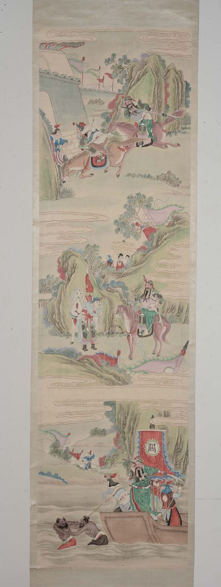 A pair of paintings on paper depicting three scenes of battle each, China, Republic, 20th century