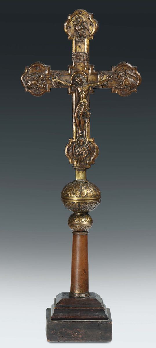 An embossed and chiselled copper processional cross with gilt traces, late-Gothic goldsmith, northern Italy, 15th century