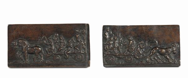 A pair of small molten and chiselled bronze plates representing “Triumph of Church” and “Triumph of Justice”, Flemish art, 16th century