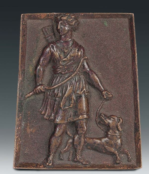 A small trapezoidal molten and chiselled bronze plate representing Diana Huntress, Italian art, 16th -17th century