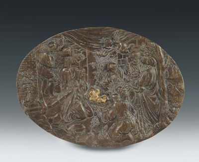 Placca Ovale in Bronzo Fuso, Cesellato e Dorato Raffigurante Natività, Arte Dell’italia del Nord ...