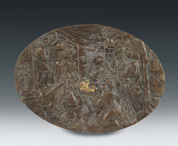 Placca ovale in bronzo fuso, cesellato e dorato raffigurante natività, arte dell’Italia del nord del XVI-XVII secolo