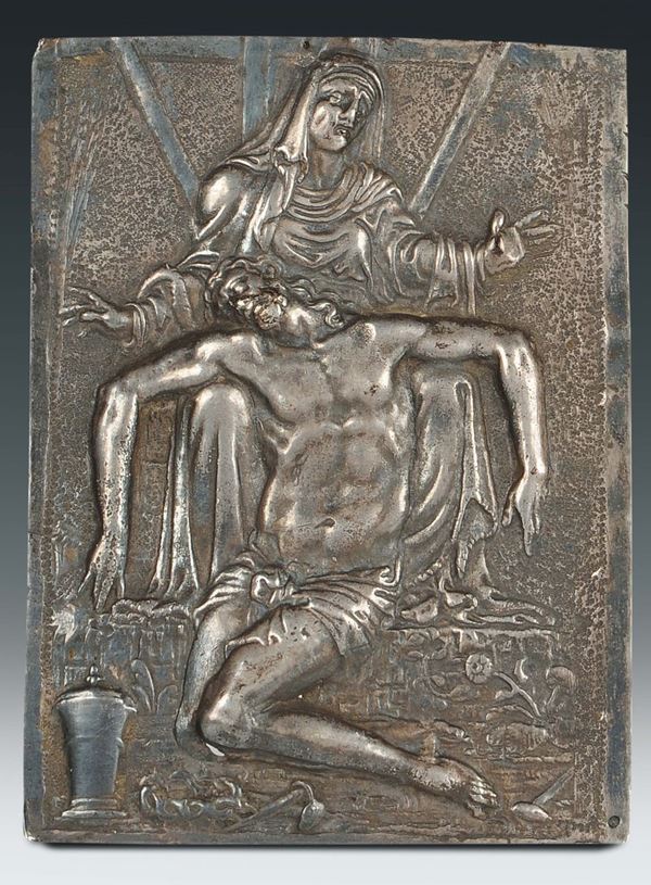 A small embossed and chiselled silver plate representing “Pity”, Italian art, 17th century