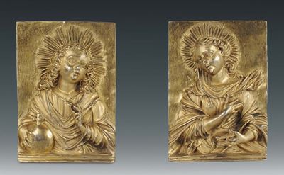 Coppia di Placchette in Argento Fuso, Cesellato e Dorato Raffiguranti Cristo Pantocrate e Madonna...