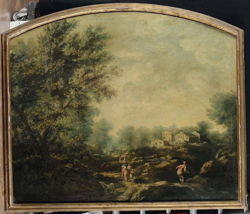 Anonimo del XIX-XX secolo Paesaggio con figure e cane  - Asta Dipinti Antichi - Cambi Casa d'Aste