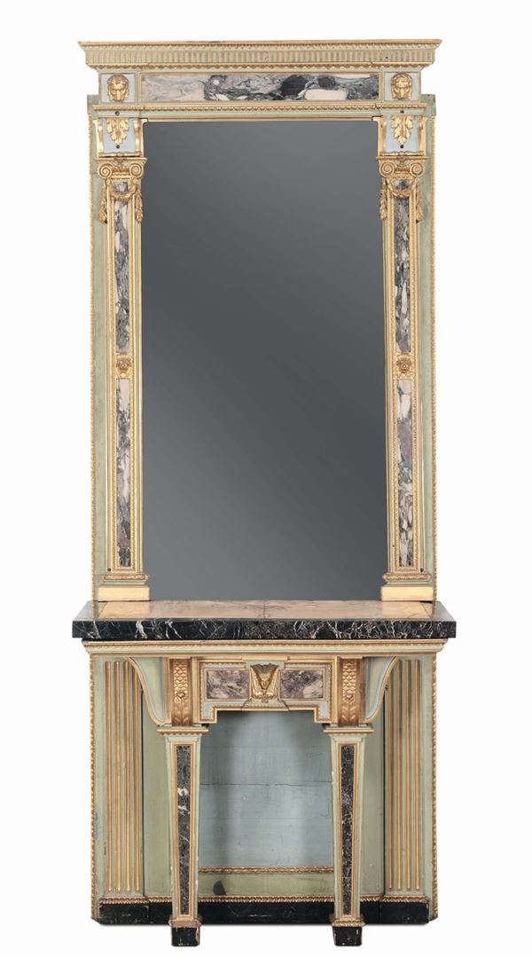 Console con specchiera in stile Luigi XVI in legno intagliato, laccato e dorato, XIX secolo