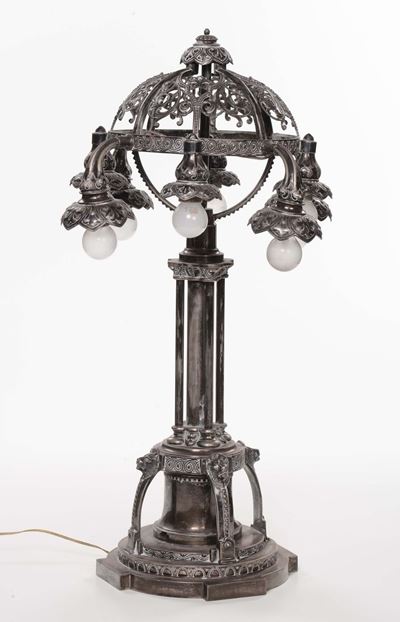Lampada Liberty a Sei Luci in Metallo Argentato