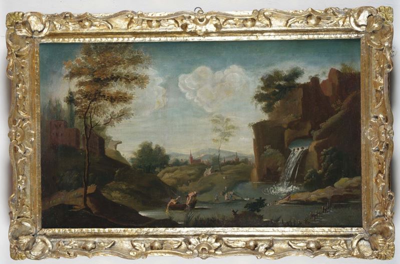 Scuola Italiana del XVIII secolo Paesaggio con cascata  - Asta Dipinti Antichi - Cambi Casa d'Aste