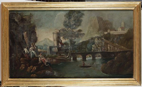 Scuola Italiana del XVIII secolo Paesaggio fluviale con figure