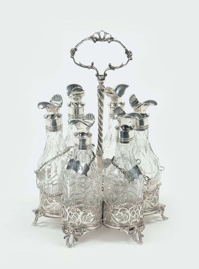Set da Tavola in Argento con Sei Ampolle in Cristallo, Base con Bolli Dell’argentiere Edward Aldr...