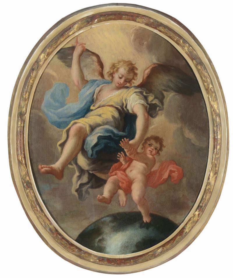 Gregorio de Ferrari (Porto Maurizio 1647 - Genova 1726), attribuito a Angelo custode in volo  - Auction Old Masters Paintings - Cambi Casa d'Aste