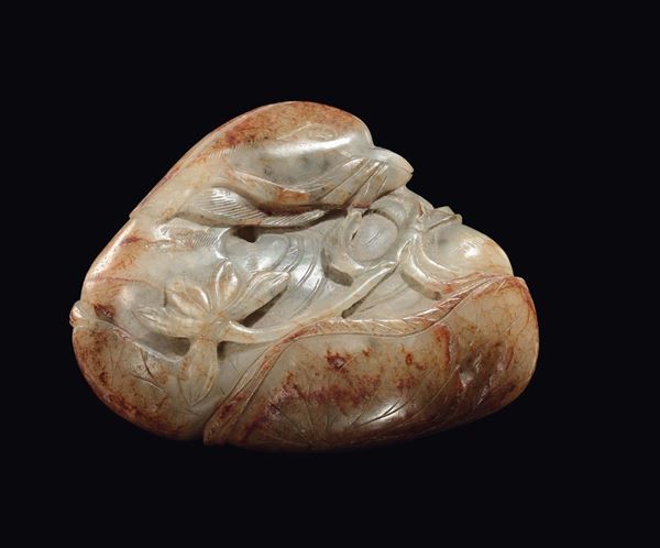 A Celadon jade and russet “duck” group, China, Qing Dynasty, Qianlong period (1736-1796)