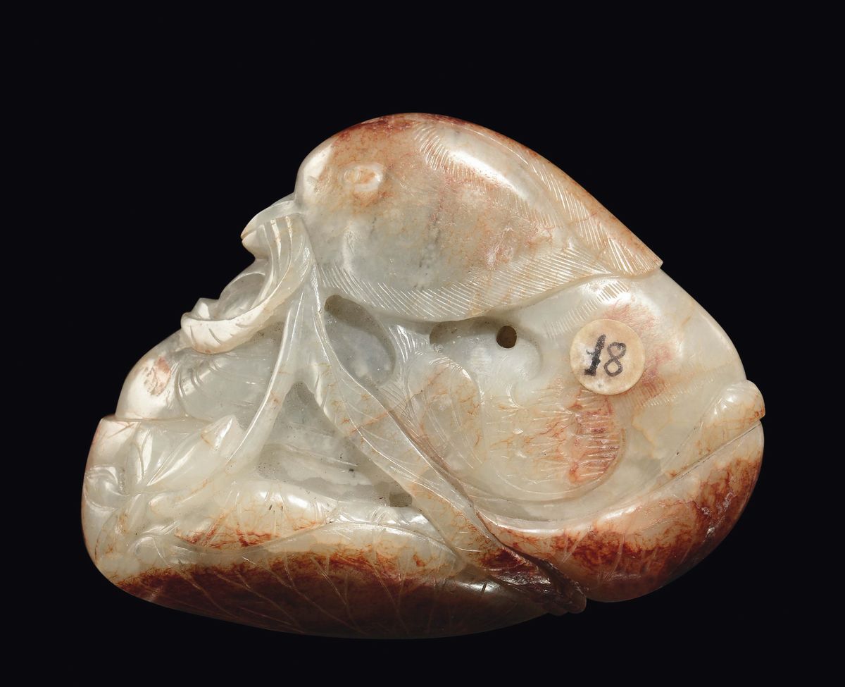 Gruppo in Giada Celadon con Russet Raffigurante Papera, Cina, Dinastia Qing, Epoca Qianlong (1736...