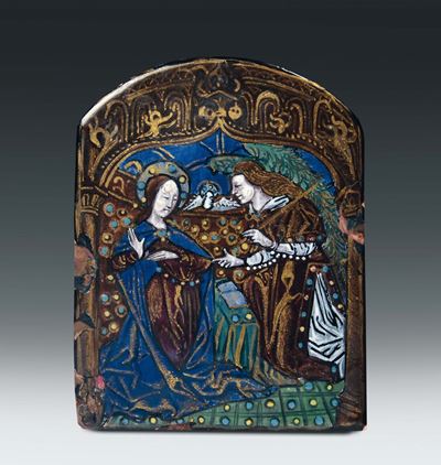 Placca in Rame e Smalti Policromi Raffigurante Annunciazione, Francia, Limoges XVI Saecolo