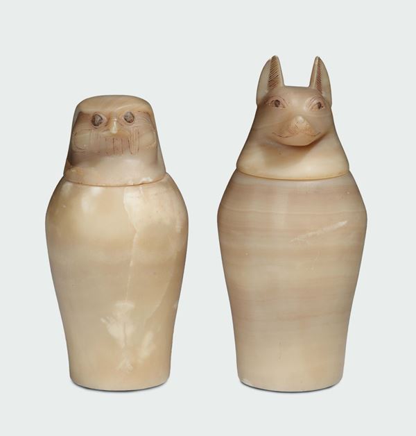 A pair of alabaster Canopic jars, Italy Retour d'Egypte 19th century