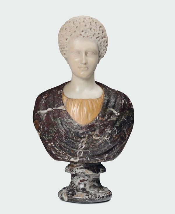 Busto femminile con testa in marmo bianco e vesti in marmi colorati, scultore neoclassico del XIX secolo