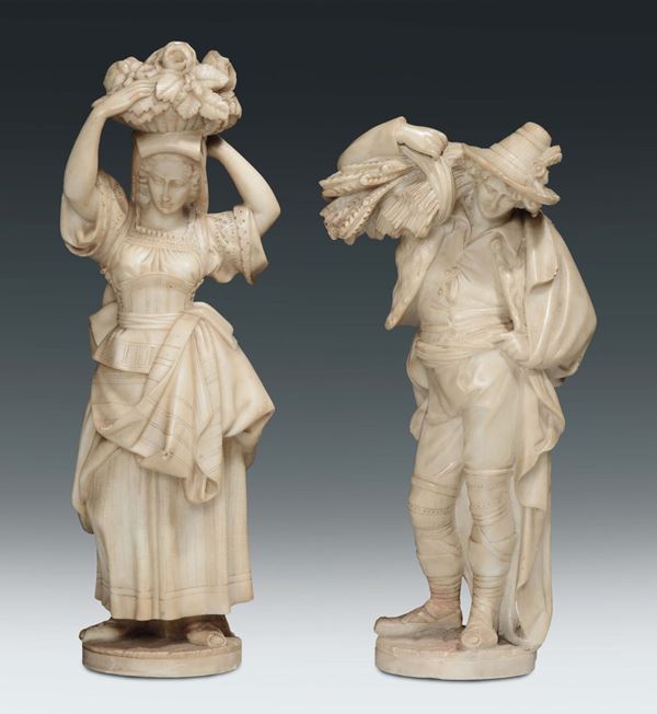 Coppia di sculture in alabastro raffiguranti contadini in costume, scultore dell'Italia centrale del XIX secolo