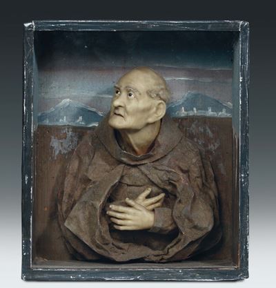 Teca Contenente Busto di S.pietro da Alcantara in Cera e Carta, Arte Italiana o Spagnola del XVII...
