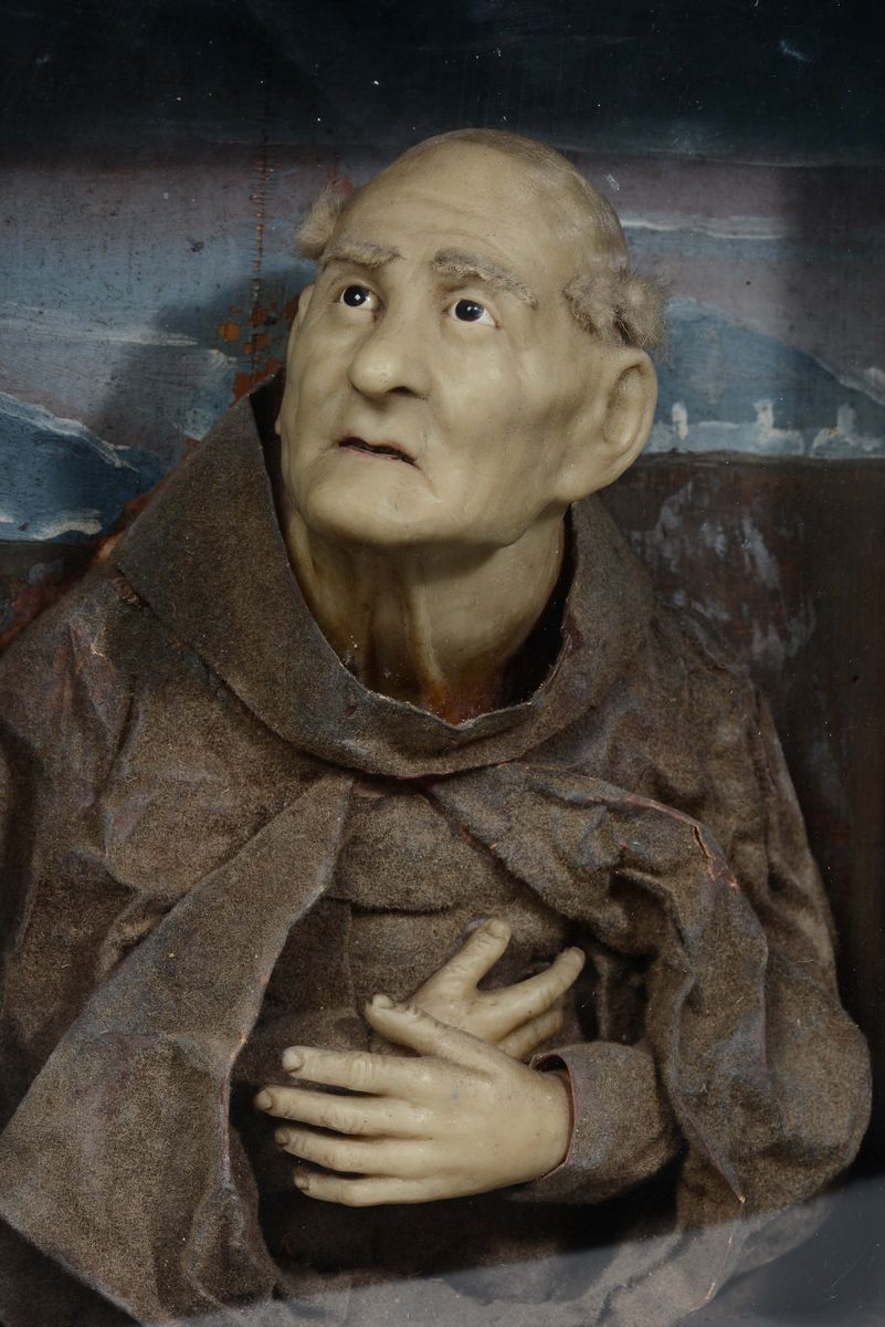 Teca Contenente Busto di S.pietro da Alcantara in Cera e Carta, Arte Italiana o Spagnola del XVII...