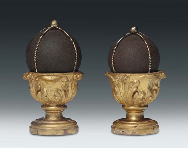 A pair of Bezoar on carved and gilt bases, probably 19th century
