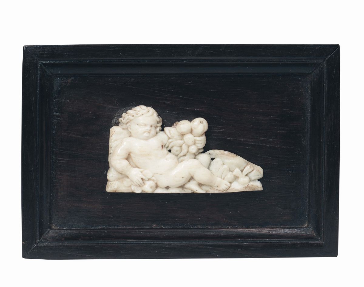 Gruppo di Sei Placchette in Ebano Contenenti Figure di Putti in Avorio, Germania del Sud XVII-XVI...