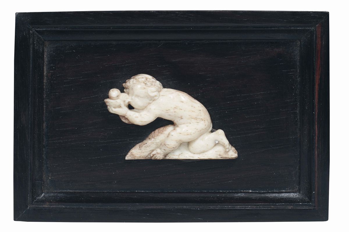Gruppo di Sei Placchette in Ebano Contenenti Figure di Putti in Avorio, Germania del Sud XVII-XVI...