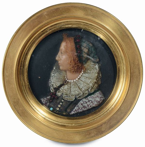 Profilo di nobildonna in cera policroma su supporto in ardesia, ceroplasta del XVIII-XIX secolo (Inghilterra?)