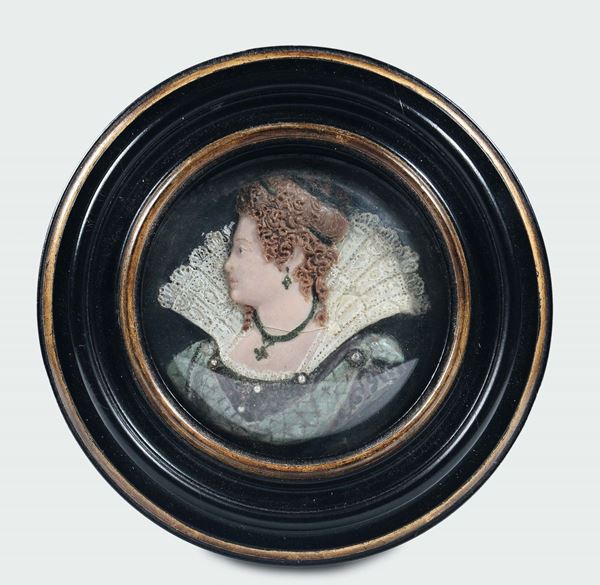 Profili di nobildonna in cera policroma su supporto circolare in ardesia, ceroplasta del XVIII-XIX secolo (Inghilterra?)
