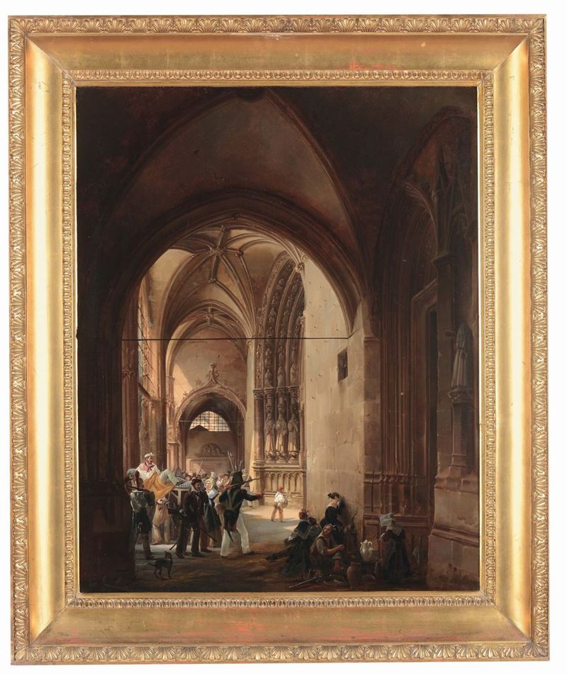 Giovanni Migliara (Alessandria 1785 - Milano 1837) Interno con figure  - Asta Dipinti Antichi - Cambi Casa d'Aste