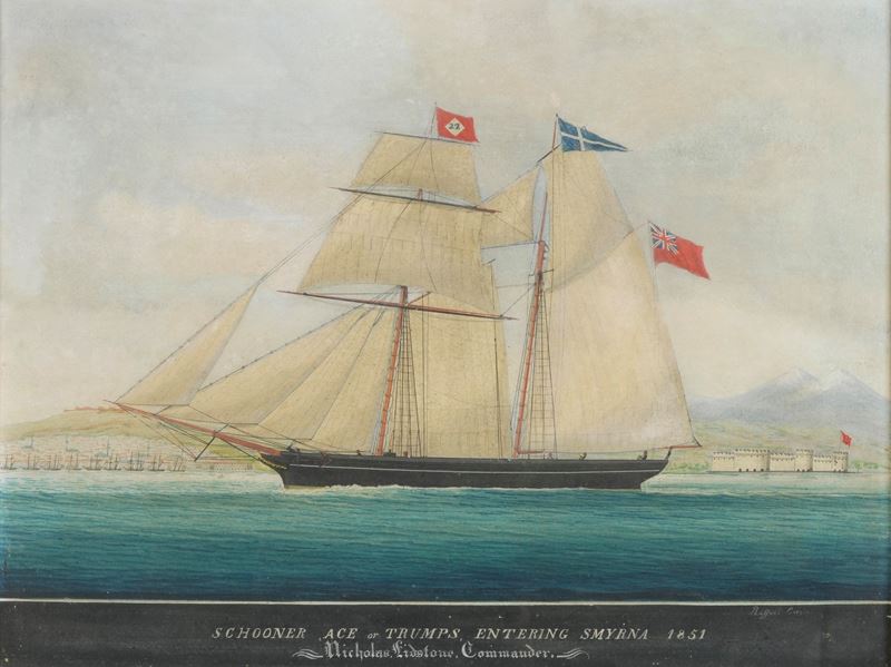 Raffael Corsini : Ritratto dello Schooner Ace of Trumps  - gouache - Auction Scientific Instruments and Maritime Art - Cambi Casa d'Aste