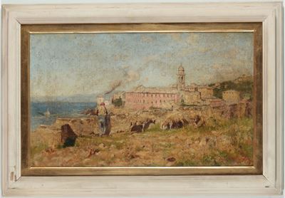 Uberto Dell'orto (milano 1848-1895)pastore con Paese sullo Sfondo