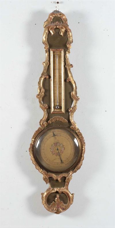 Termometro e Barometro da Parete in Legno Dorato e Dipinto, Zucchi e Crivelli