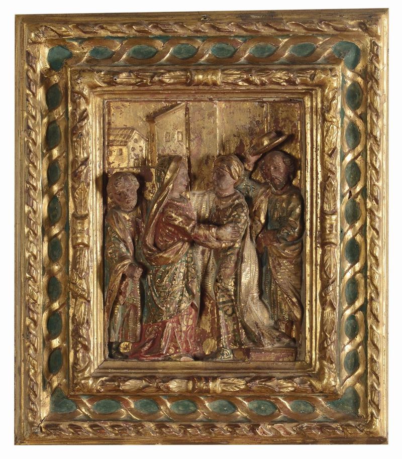 Altorilievo in legno intagliato e dorato raffigurante la Visitazione, Arte del Nord Italia, Bottega dei De Donati, XVI secolo  - Asta Scultura e Oggetti d'Arte - Cambi Casa d'Aste