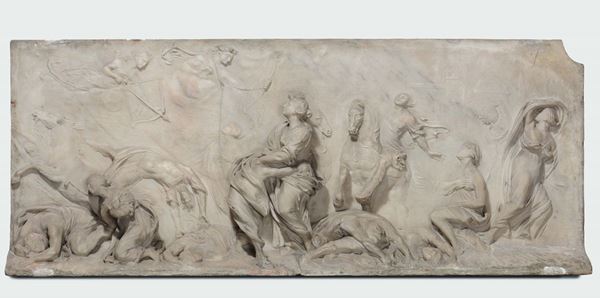 Grande altorilievo in marmo raffigurante Apollo e Diana che trafiggono i figli di Niobe, arte neoclassica della fine del XVIII secolo