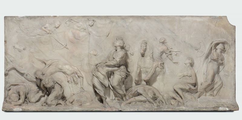 Grande altorilievo in marmo raffigurante Apollo e Diana che trafiggono i figli di Niobe, arte neoclassica della fine del XVIII secolo  - Asta Scultura e Oggetti d'Arte - Cambi Casa d'Aste