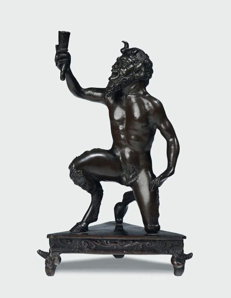 A molten and chiselled bronze satire-shaped candlestick, Padua workshop, circle of Riccio, 16th century  - Auction Sculpture and Works of Art - Cambi Casa d'Aste