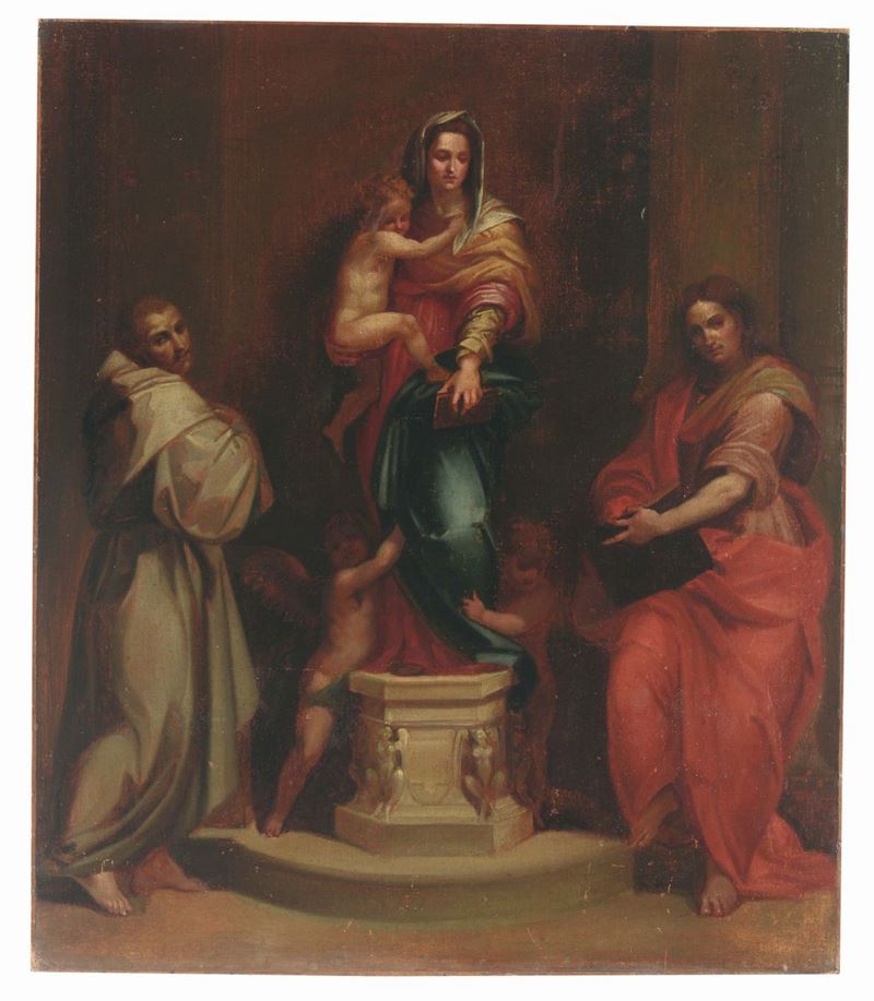 Scuola Italiana del XVIII secolo, da Andrea del Sarto Madonna in trono con Bambino e Santi  - Asta Dipinti Antichi - Cambi Casa d'Aste