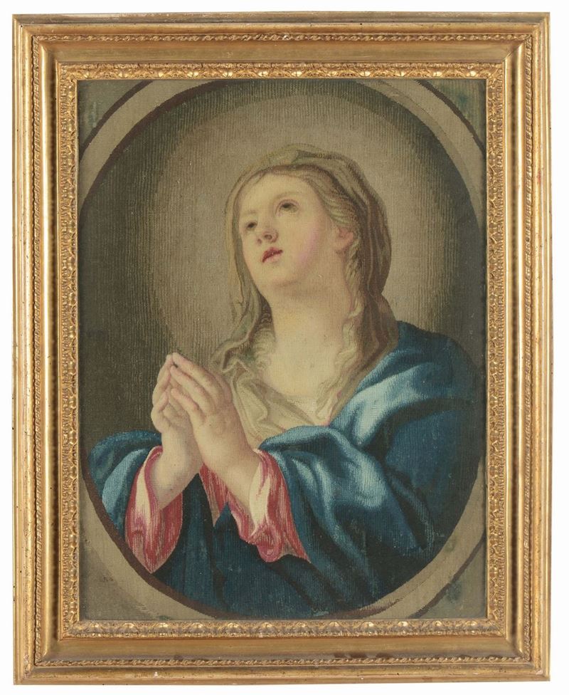 Arazzo con cornice romana raffigurante Madonna in preghiera, XVIII secolo  - Asta Dipinti Antichi - Cambi Casa d'Aste