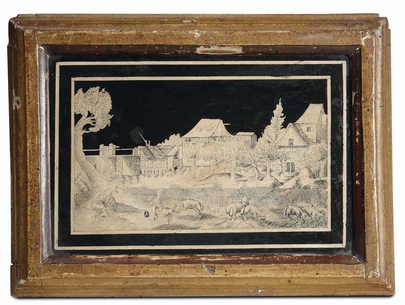 A monochrome canary panel on black background representing a genre scene with architectures within gilt frame, European art, 17th century  - Auction Sculpture and Works of Art - Cambi Casa d'Aste