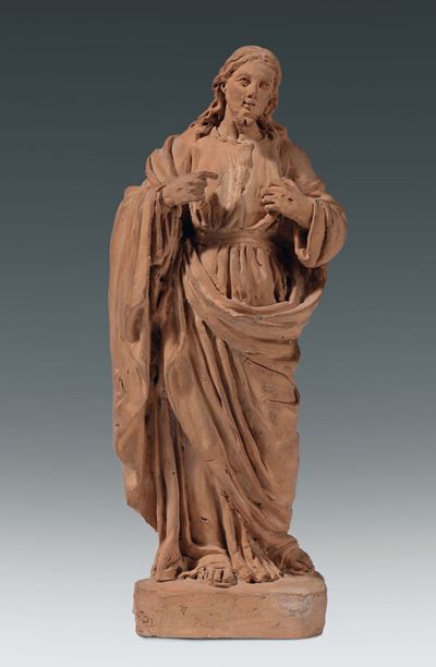 Terracotta Raffigurante Cristo che Mostra il Sacro Cuore, Arte Barocca Italiana del XVII-XVIII Se...