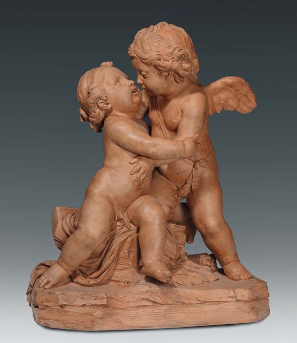 Terracotta patinata raffigurante Cupido che gioca con una fanciulla, Francia XVIII-XIX secolo