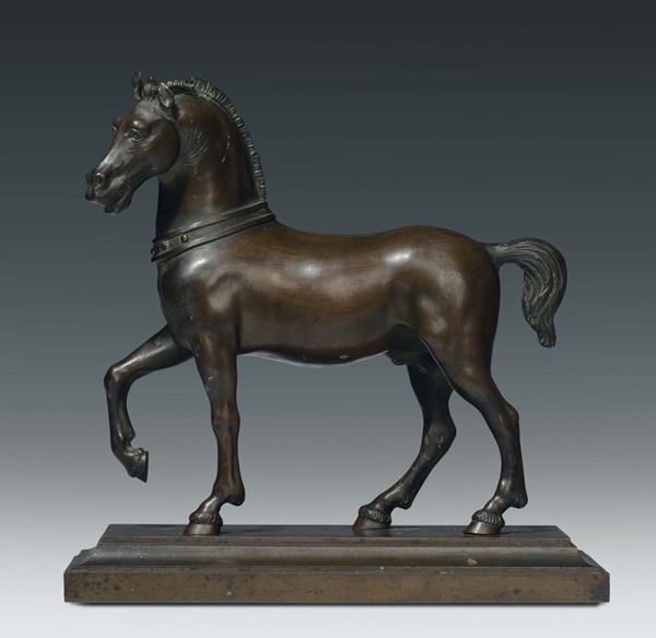 A molten and chiselled bronze horse on rectangular base with steps, bronze worker of the 18th-19th century