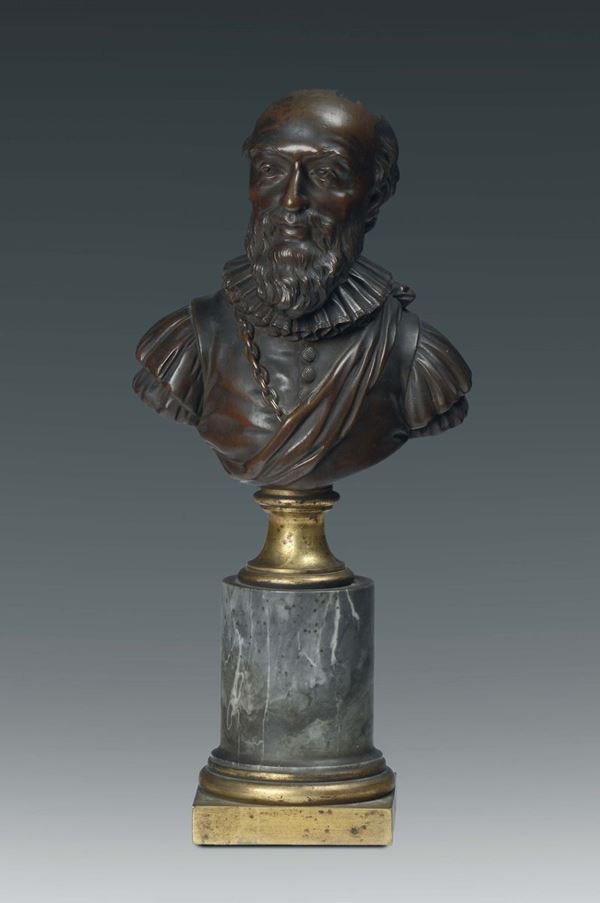 A molten and chiselled bronze male bust, marble base, Italy or France, 19th century