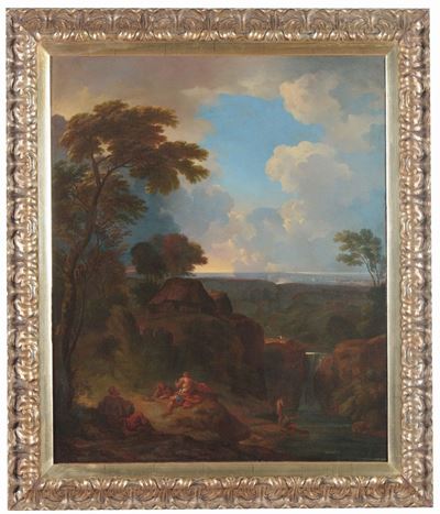 Carlo Antonio Tavella (milano 1668 - Genova 1738)paesaggio con Figure e Faro sul Fondo