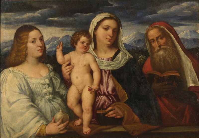 Giovanni Cariani ( San Giovanni Bianco 1490 - Venezia 1547) Madonna con Bambino, Santa Maria Maddalena e San Gerolamo  - Asta Dipinti Antichi - Cambi Casa d'Aste